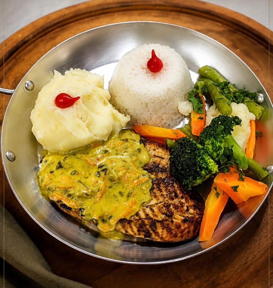 Filé grelhado com arroz, purê e legumes